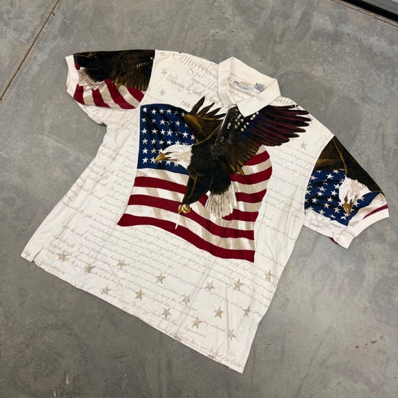 American Summer Clothing Company Other - 90s Mens American Summer Eagle Flag Constitution All Over Print Polo Shirt XXL